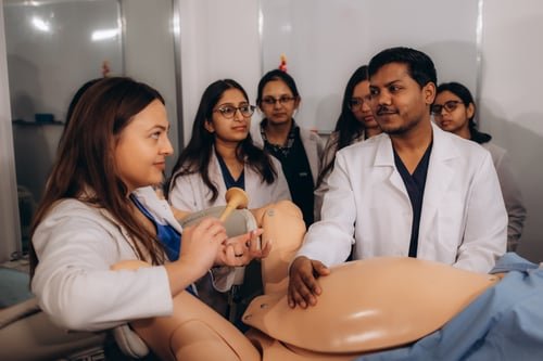 Healthcare professionals learning anatomy through hands-on simulation training
