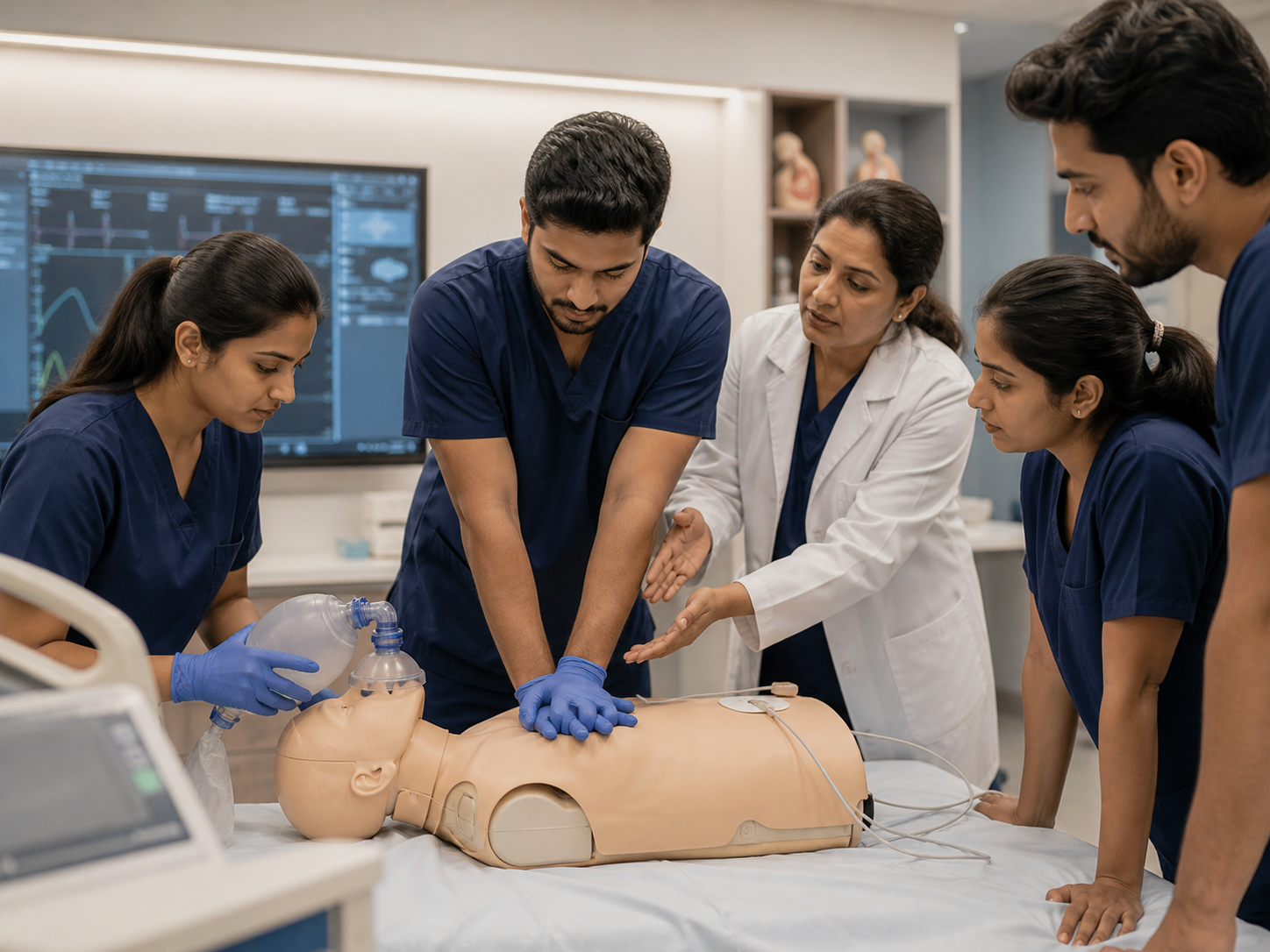 Healthcare professionals practising CPR in a clinical skills laboratory