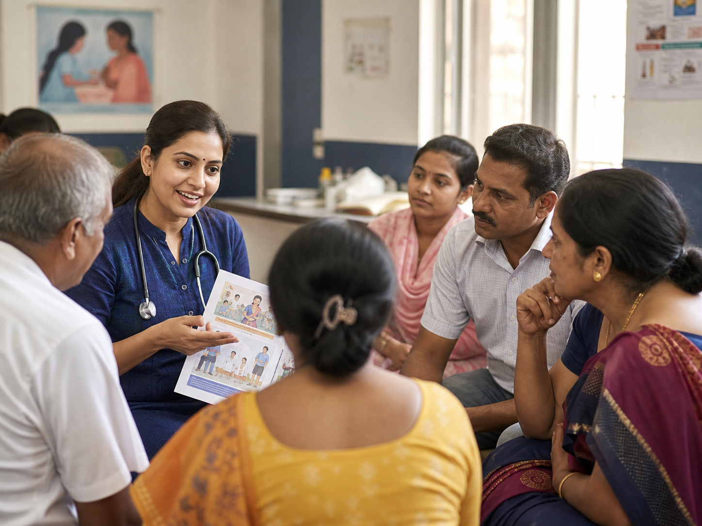 A healthcare professional leading a community health education discussion