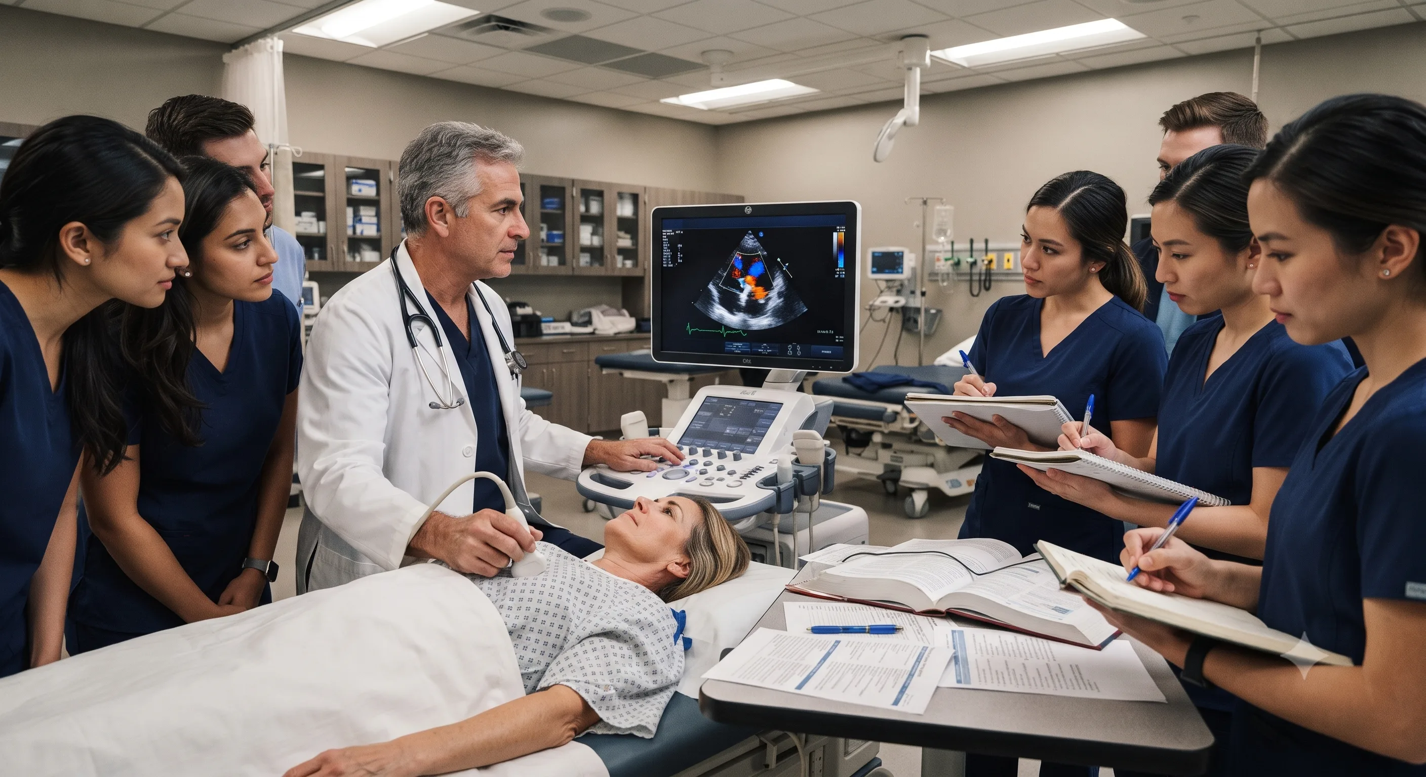 A clinician demonstrating ultrasound to healthcare professionals